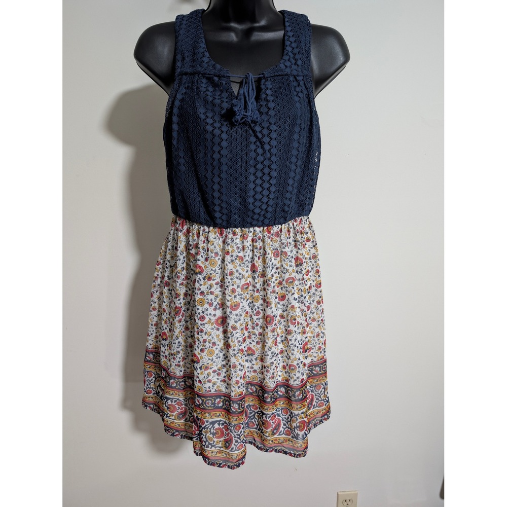 As U Wish Blue Sleeveless Crochet Top Floral Sheer Skirt Lined Sundress Small